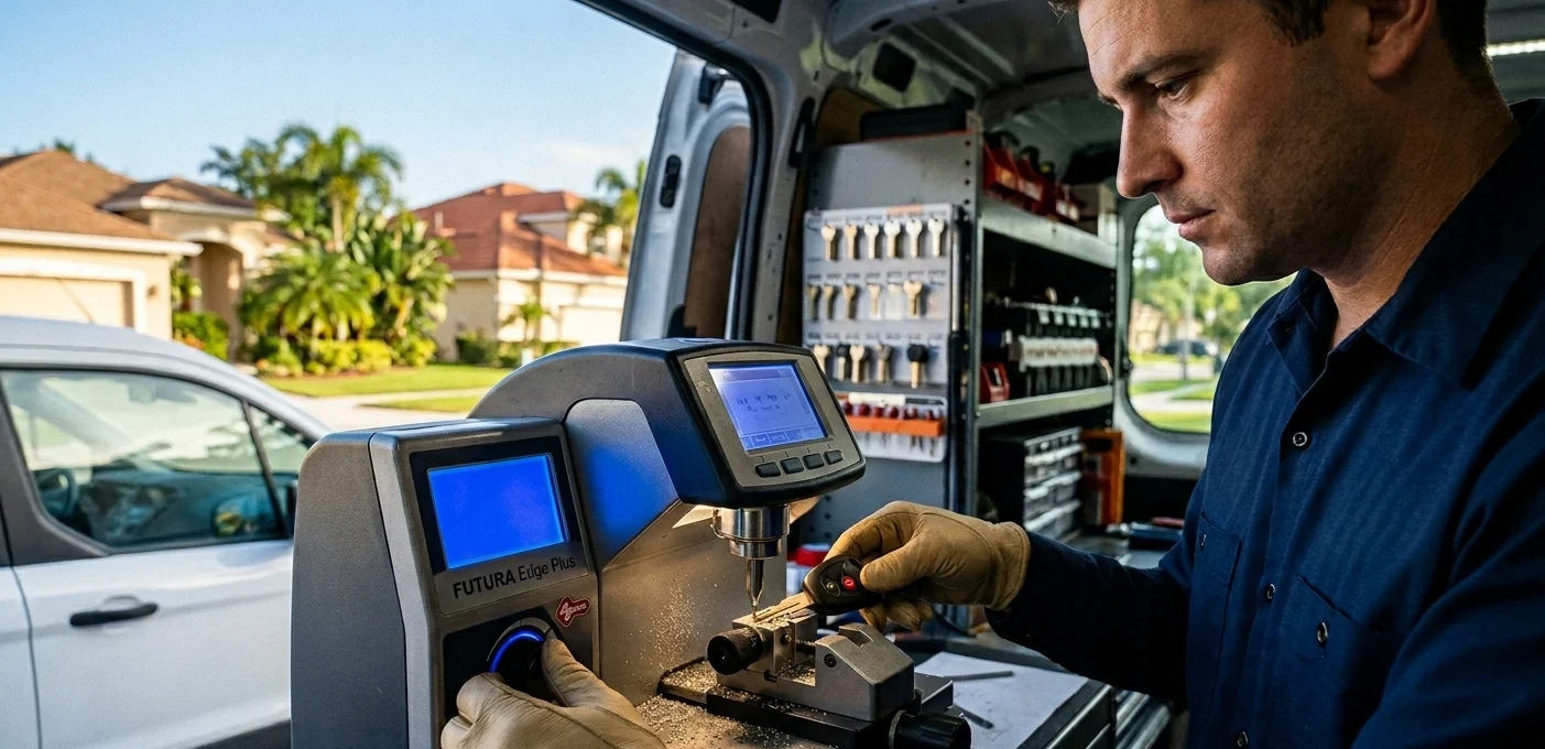 Locksmith wearing gloves operates a key-cutting machine inside a service van with tools in the background.