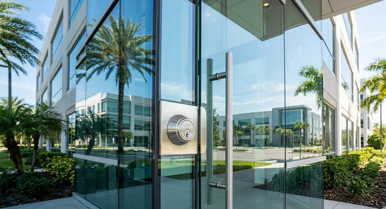 Close-up of a modern glass office building entrance with a stainless steel door handle and round lock panel nearby.
