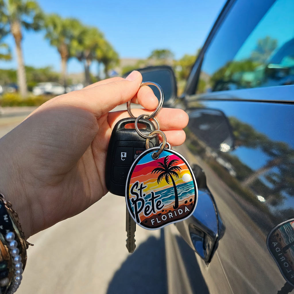 Keychain reading 'St Pete Florida' with a palm tree and sunset, held with car keys beside a car door edge, sunny day layout info accessory view