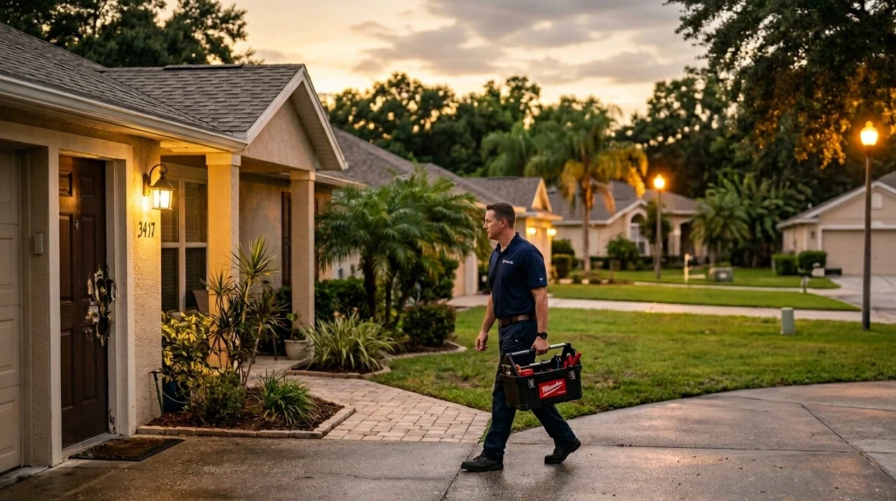 A man in a blue polo carrying a Milwaukee tool bag walks along a suburban driveway at dusk.