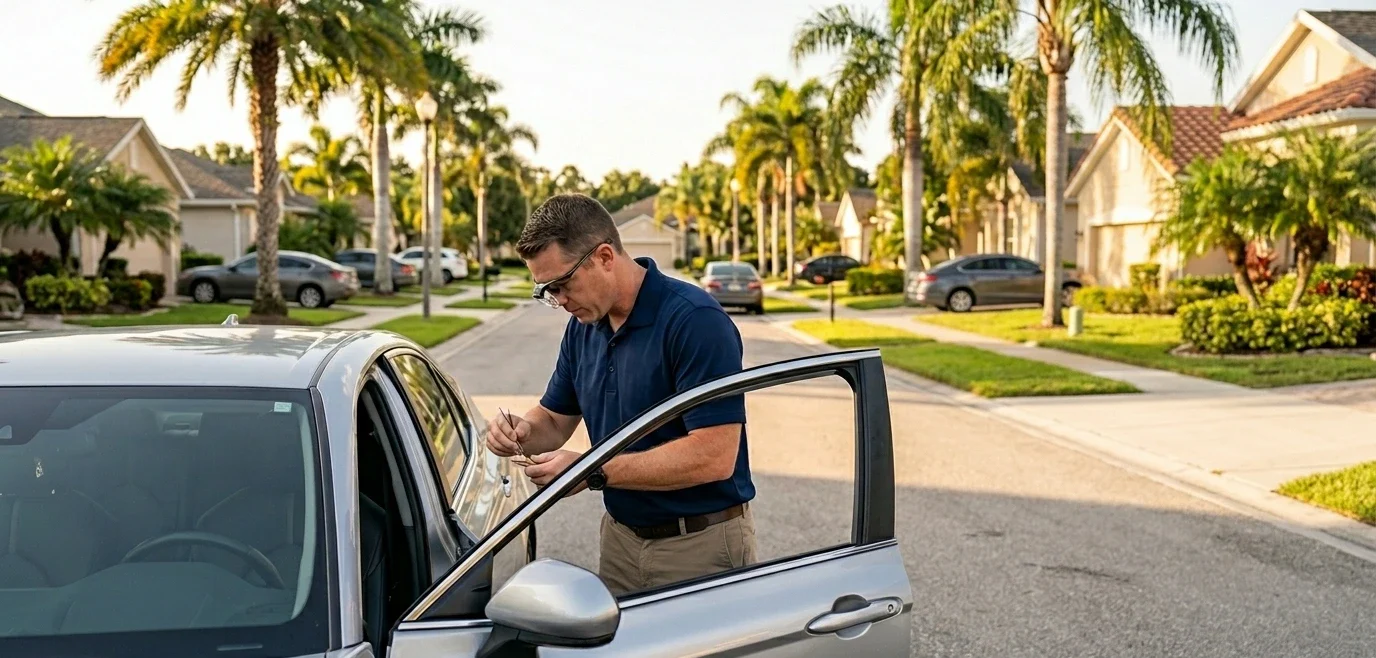 Man in a blue polo standing by an open car door, inspecting keys on a suburban street neighborhood setting.