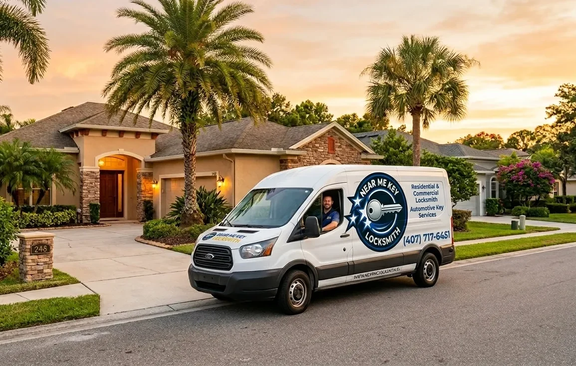 White locksmith van parked on a residential street in front of a beige house with palm trees at sunset.