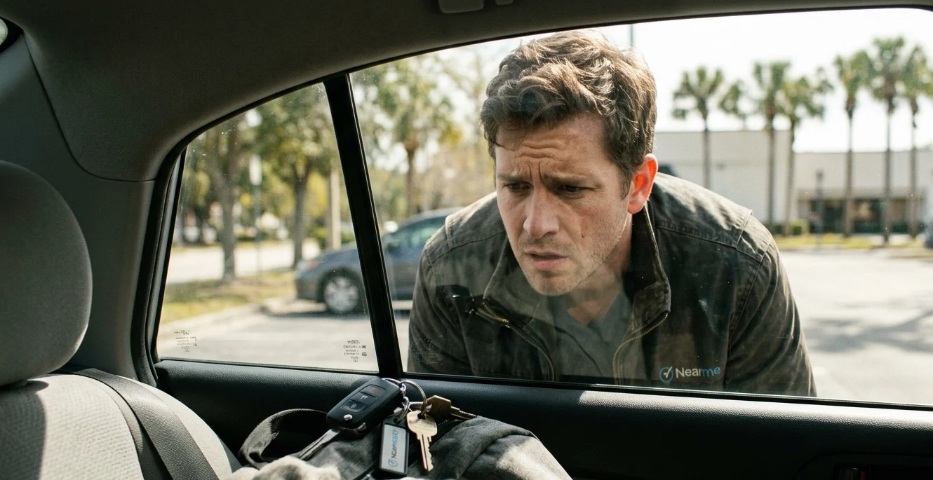 Man leaning toward a car window and looking inside, as keys and a bag sit on the front seat.