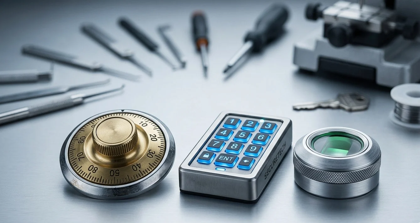 Close-up of a gold combination dial, a blue numeric keypad, and a silver scanner on a metal work surface.