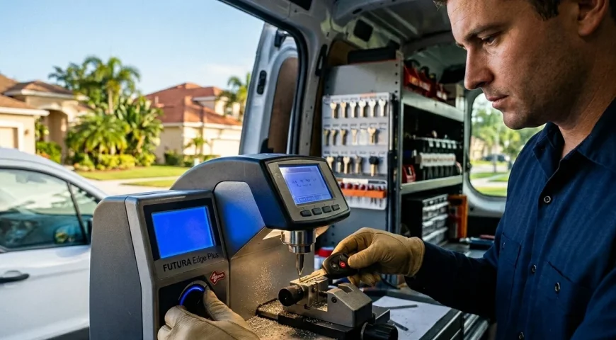 Locksmith wearing gloves operates a key-cutting machine inside a service van with tools in the background.