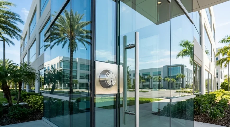 Close-up of a modern glass office building entrance with a stainless steel door handle and round lock panel nearby.