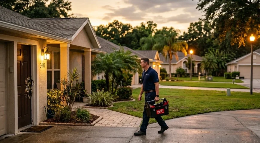 A man in a blue polo carrying a Milwaukee tool bag walks along a suburban driveway at dusk.