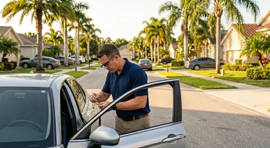 Man in a blue polo standing by an open car door, inspecting keys on a suburban street neighborhood setting.