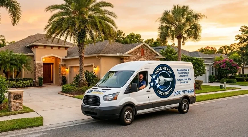 White locksmith van parked on a residential street in front of a beige house with palm trees at sunset.