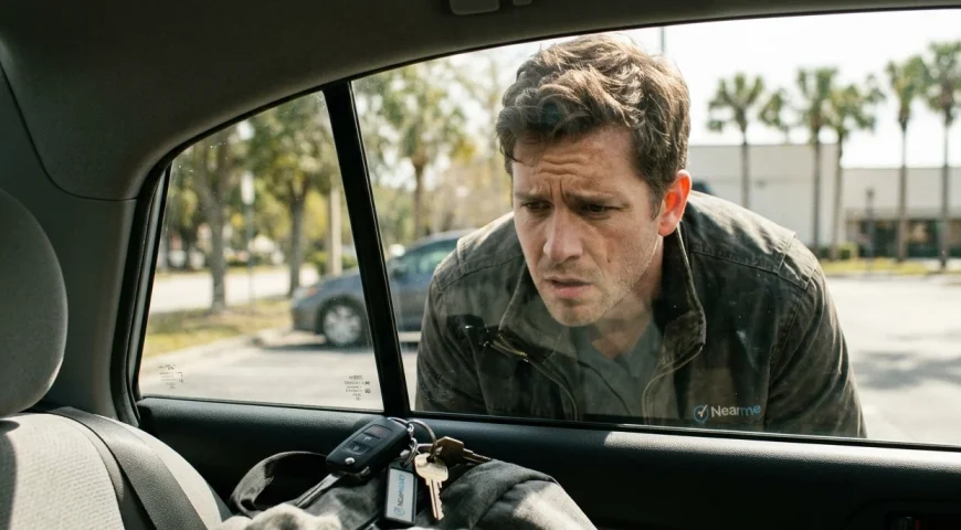 Man leaning toward a car window and looking inside, as keys and a bag sit on the front seat.