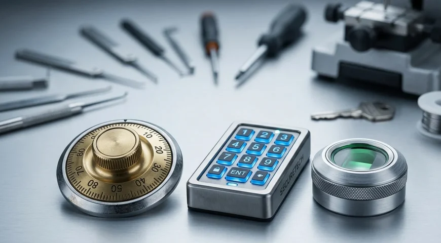 Close-up of a gold combination dial, a blue numeric keypad, and a silver scanner on a metal work surface.